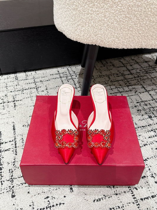 ROGER VIVIER 25S EFFLORESCENCE MULES 65MM IN BRIGHT RED SATIN EMBELLISHED CRYSTALS - 34