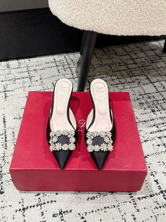 ROGER VIVIER 25S EFFLORESCENCE MULES 65MM IN BLACK SATIN EMBELLISHED CRYSTALS - 34
