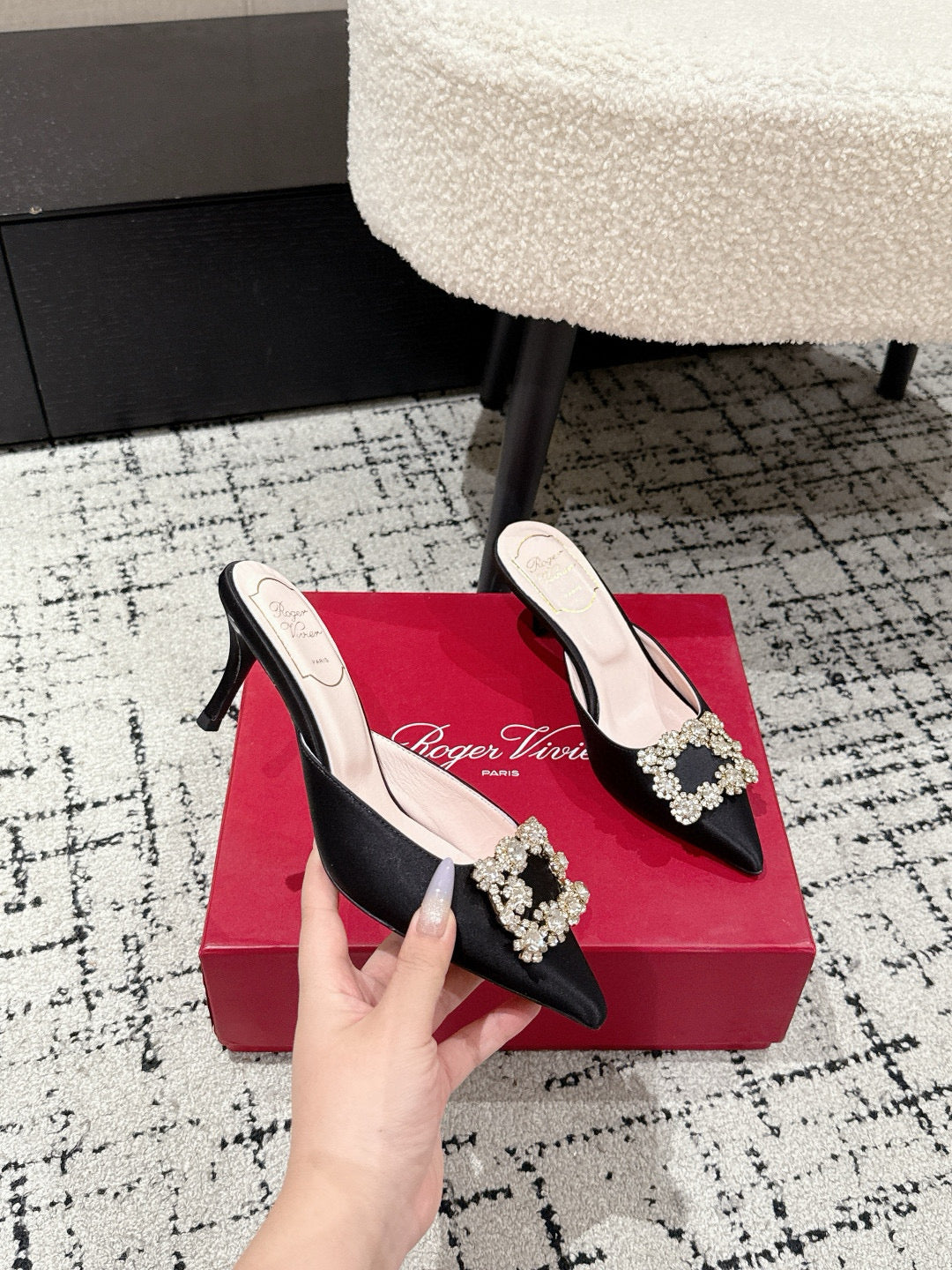 ROGER VIVIER 25S EFFLORESCENCE MULES 65MM IN BLACK SATIN EMBELLISHED CRYSTALS - 34