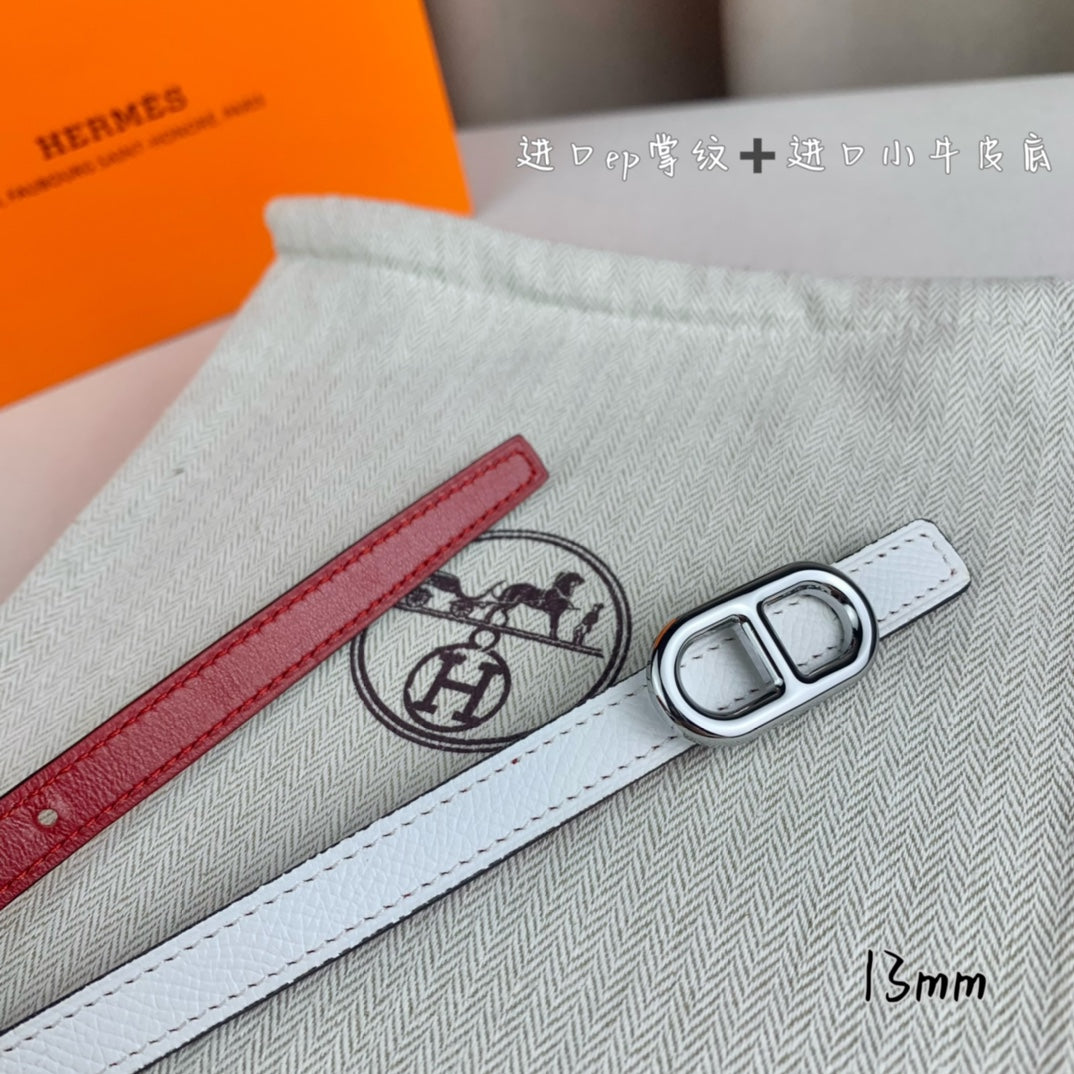 HM MAILLON H BELT BUCKLE & REVERSIBLE WHITE LEATHER STRAP 13 MM SILVER HARDWARE - 30