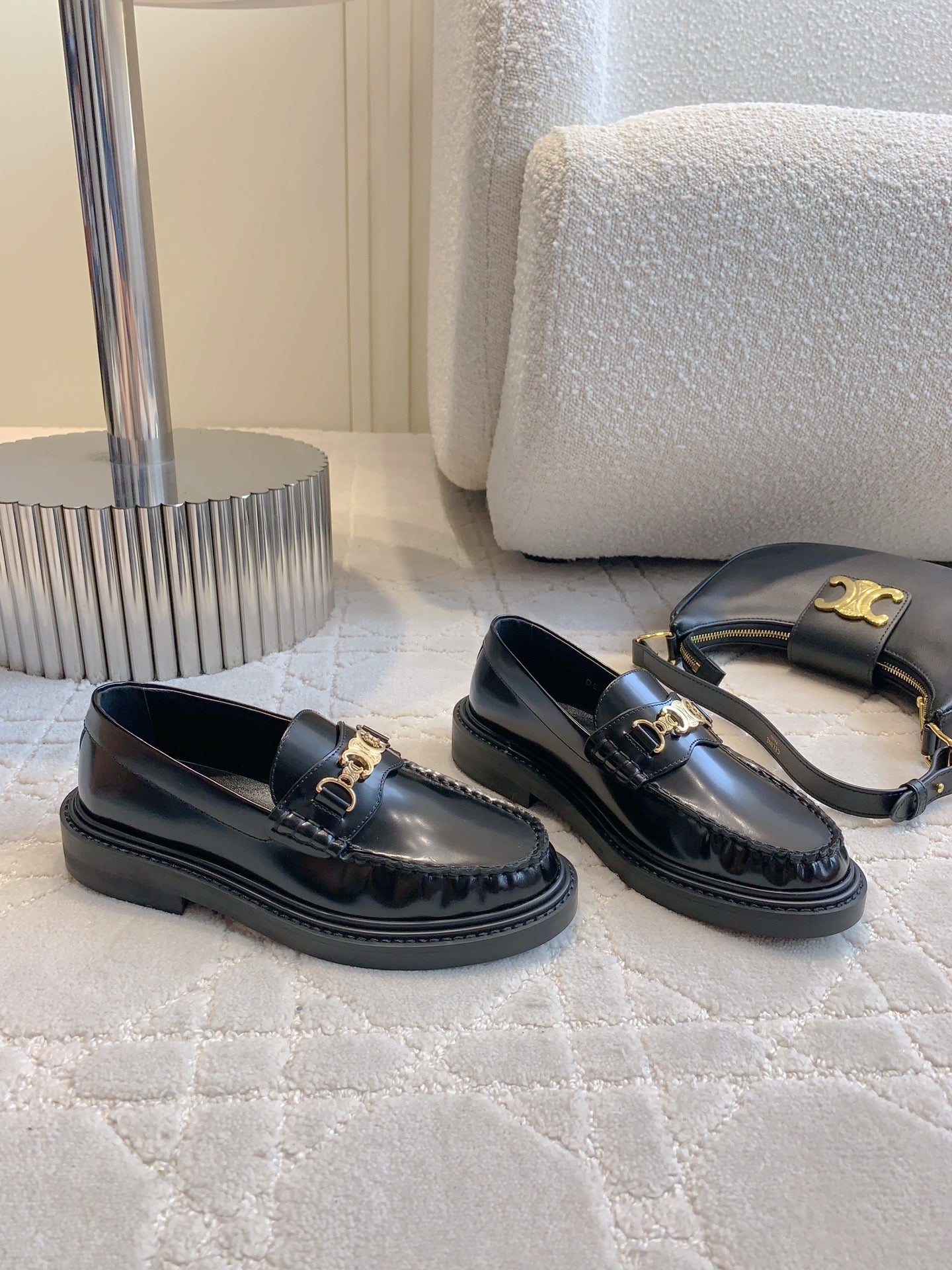 CELINE 25S ARC DE TRIOMPHE LOAFERS IN BLACK SHINY CALFSKIN GOLD HARDWARE - 35