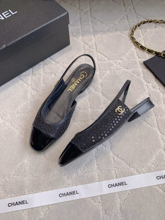 CHANEL 25S СЛІНГБЕКИ ЗІ СЯЮЧОЇ ЧОРНОЇ ТЕЛЯЧОЇ ШКІРИ ТА ПОЛОТНА З ФУРНІТУРОЮ ЗІ ЗОЛОТА - 35