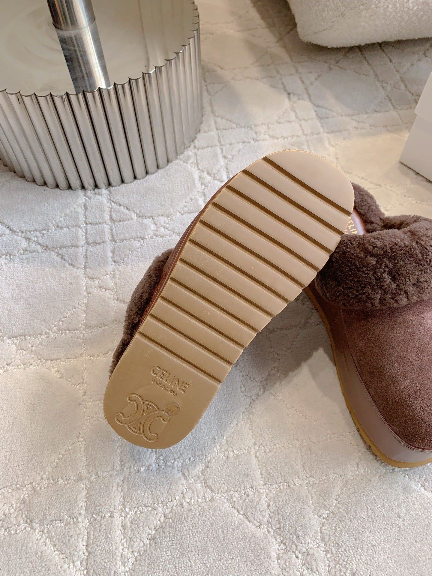 CELINE 25S DANA WEDGE MULE 70MM IN DARK BROWN SUEDE CALFSKIN AND SHEARLING - 35