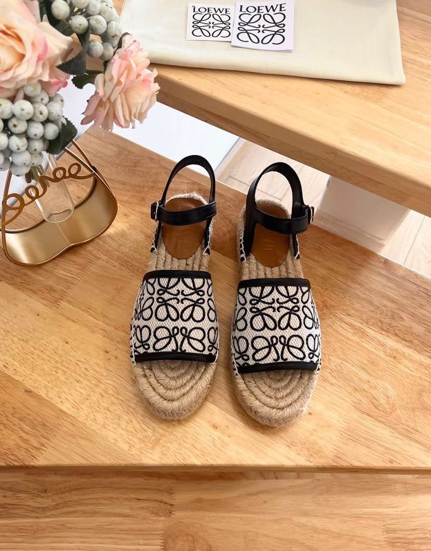 Loew Anagram Black White Beige Leather And Canvas Espadrille Sandals - 35