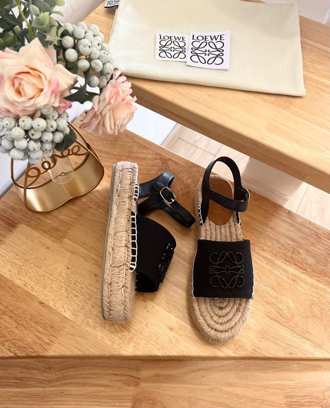 Loew Anagram Black Beige Leather And Canvas Espadrille Sandals - 35