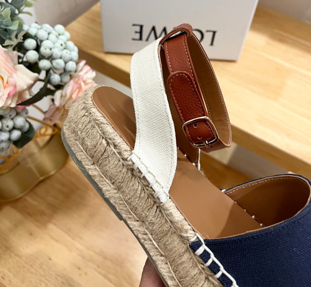 Loew Anagram Denim Brown Leather And Canvas Espadrille Sandals - 35