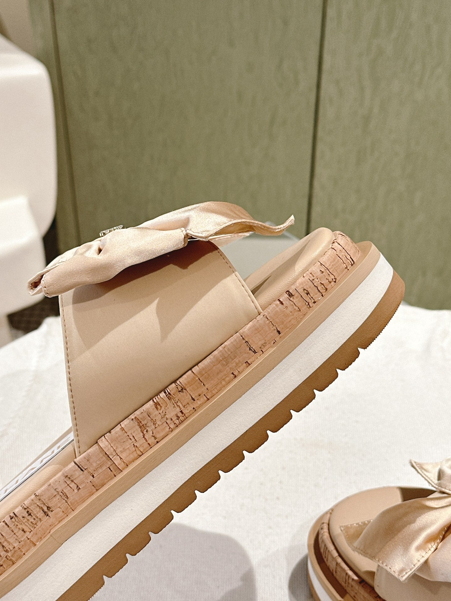 CC SLIPPERS WITH SILK BOW IN BEIGE ALMOND COWHIDE - 34