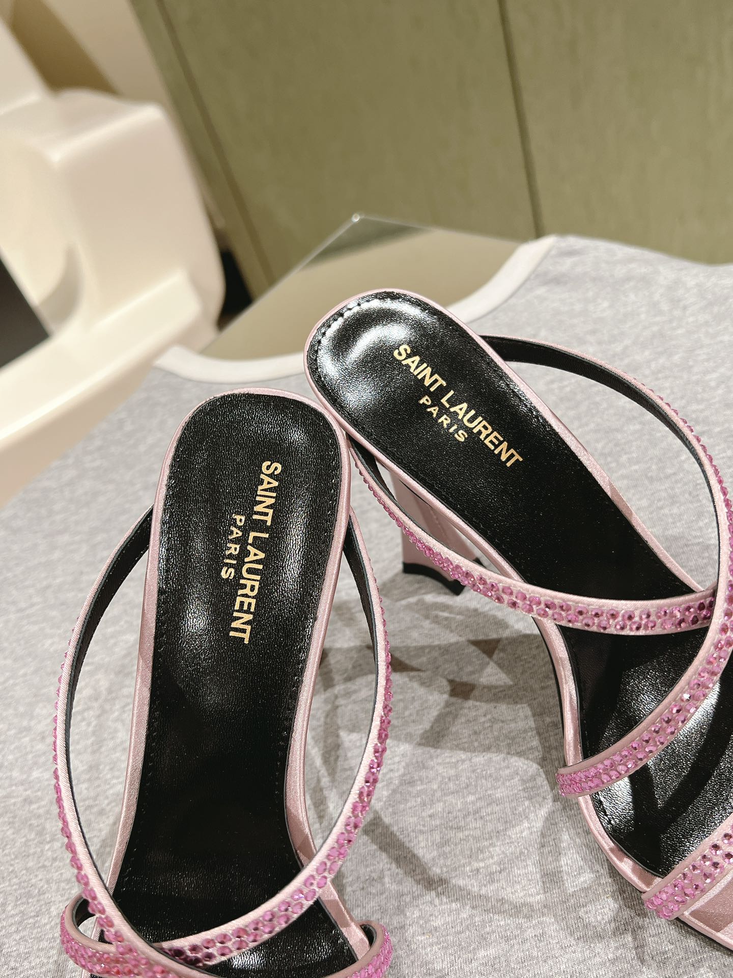 HIGH HEEL MULE 10 CM IN BABY PINK SATIN WITH RHINESTONES - 35
