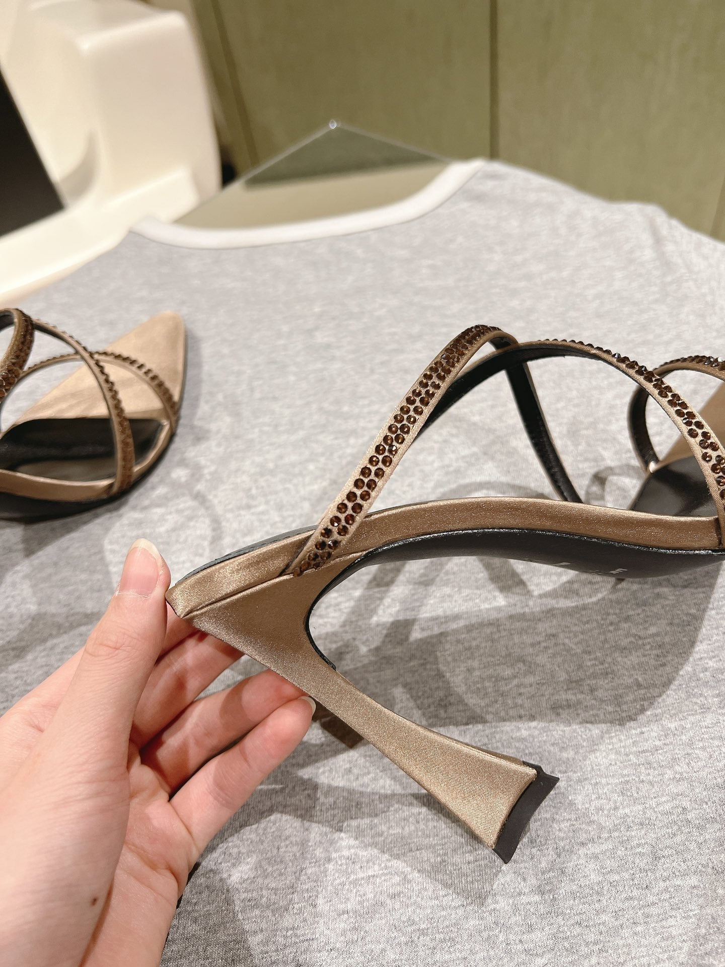 HIGH HEEL MULE 10 CM IN CAMEL BEIGE SATIN WITH RHINESTONES - 35