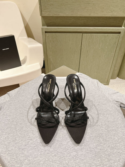 HIGH HEEL MULE 10 CM IN BLACK SATIN WITH RHINESTONES - 35