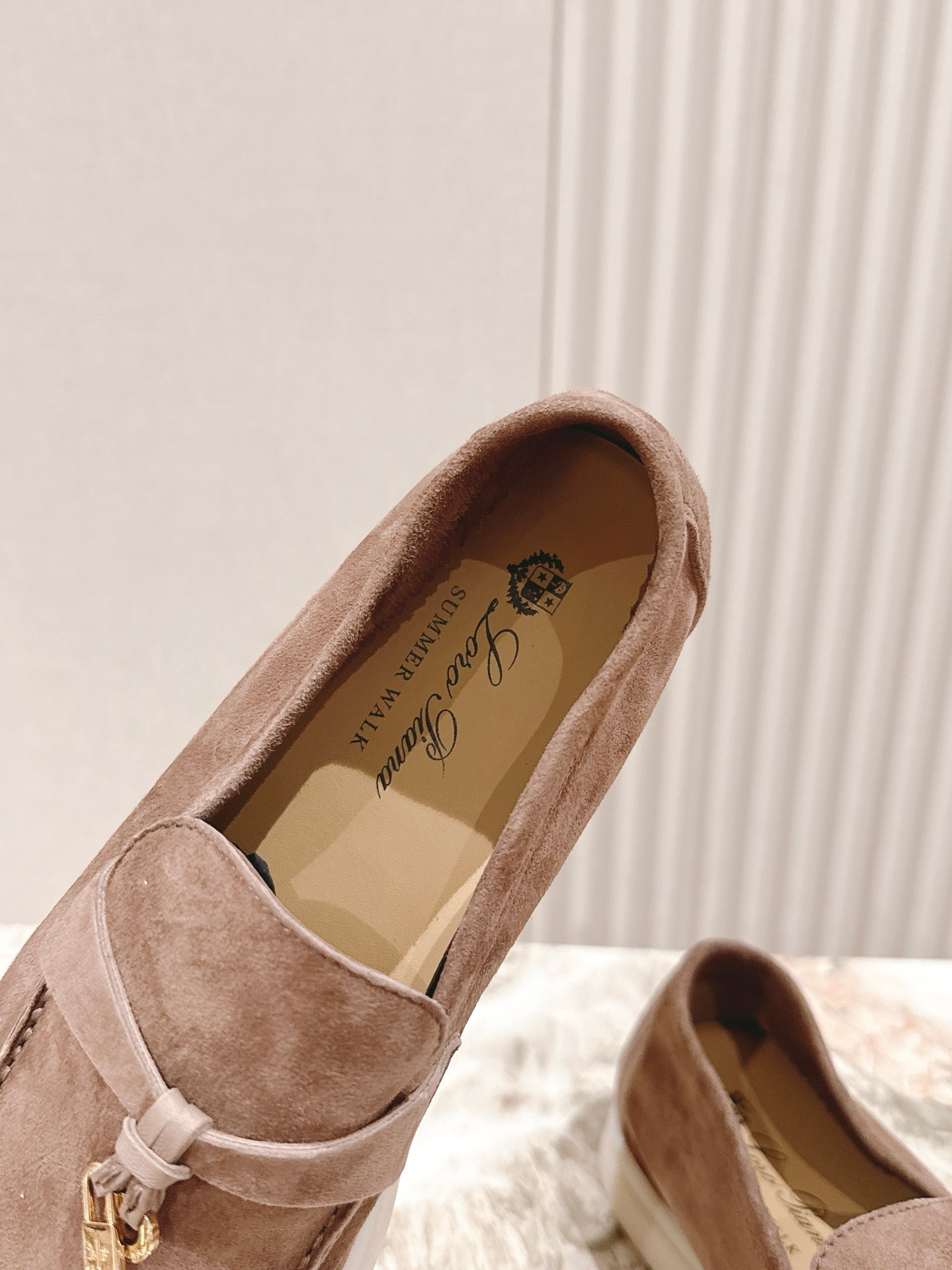 SUMMER WALK LOAFERS BROWN SUEDE WITH GOLD PADLOCK CHARM - 35