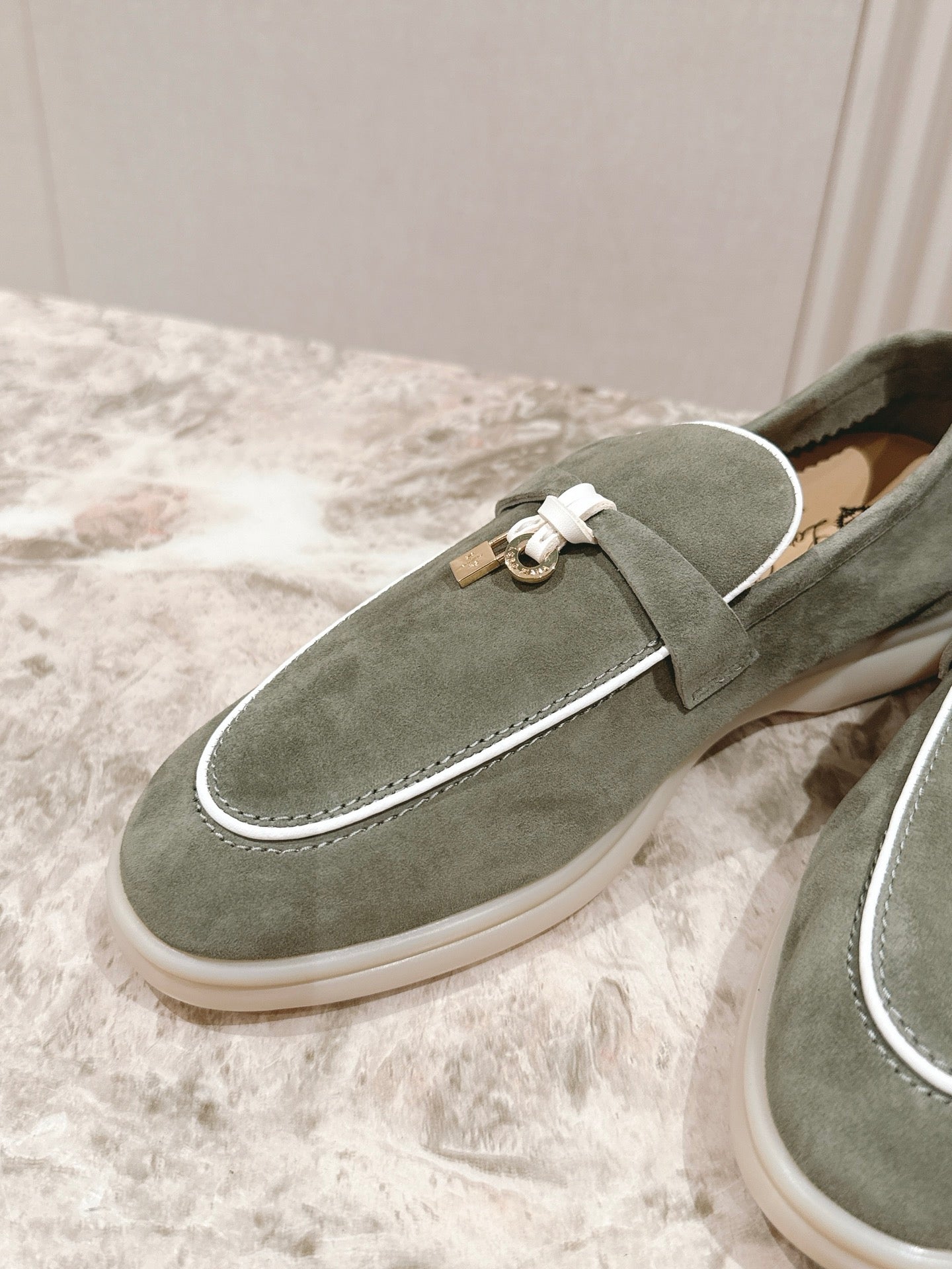 LP LOAFERS 25S IN MOSS GREEN SUEDE WITH SILVER HARDWARE - 35