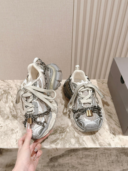 BALENCIAGA 25S 3XL SNEAKERS CHAIN-PADLOCK IN BEIGE MESH FABRIC AND SILVER PU - 35