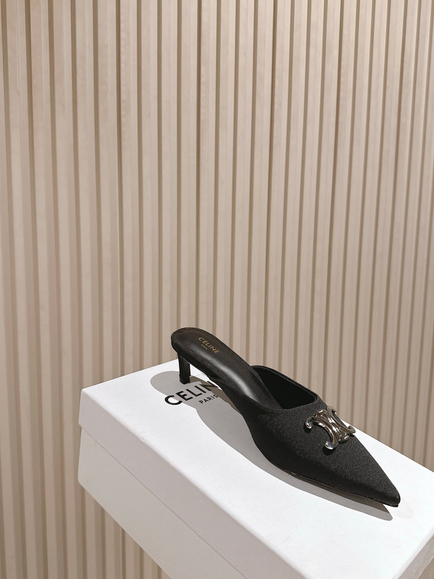 CELINE 25S ALMA TRIOMPHE MULE 45MM IN BLACK DENIM SILVER HARDWARE - 35