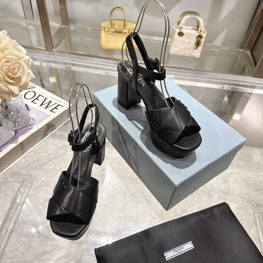 БОСОНІЖКИ PRADA 25S НА ВИСОКИХ ПІДБОРАХ 85 ММ З ЧОРНОЇ ОВЕЧОЇ ШКІРИ - 35