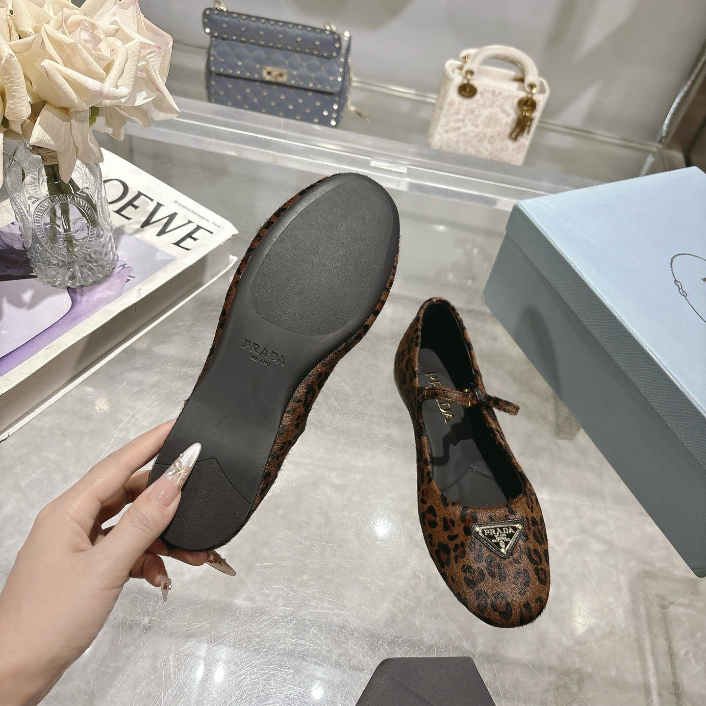 PRADA 25S MARY JANE BALLETS IN BLACK MIX BROWN HORSEHAIR FABRIC - 35