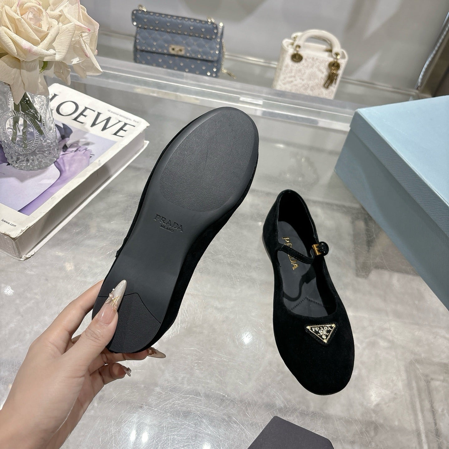 PRADA 25S MARY JANE BALLETS IN BLACK SUEDE - 35