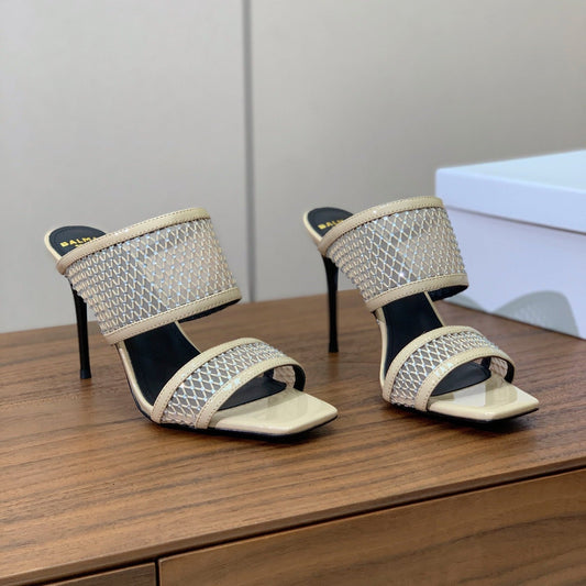 БОСОНІЖКИ BALMAIN 26S НА ПІДБОРАХ 95 ММ З БЕЖЕВОЇ СІТЧАСТОЇ ТКАНИНИ З КРИШТАЛЕВИМ ОЗДОБЛЕННЯМ