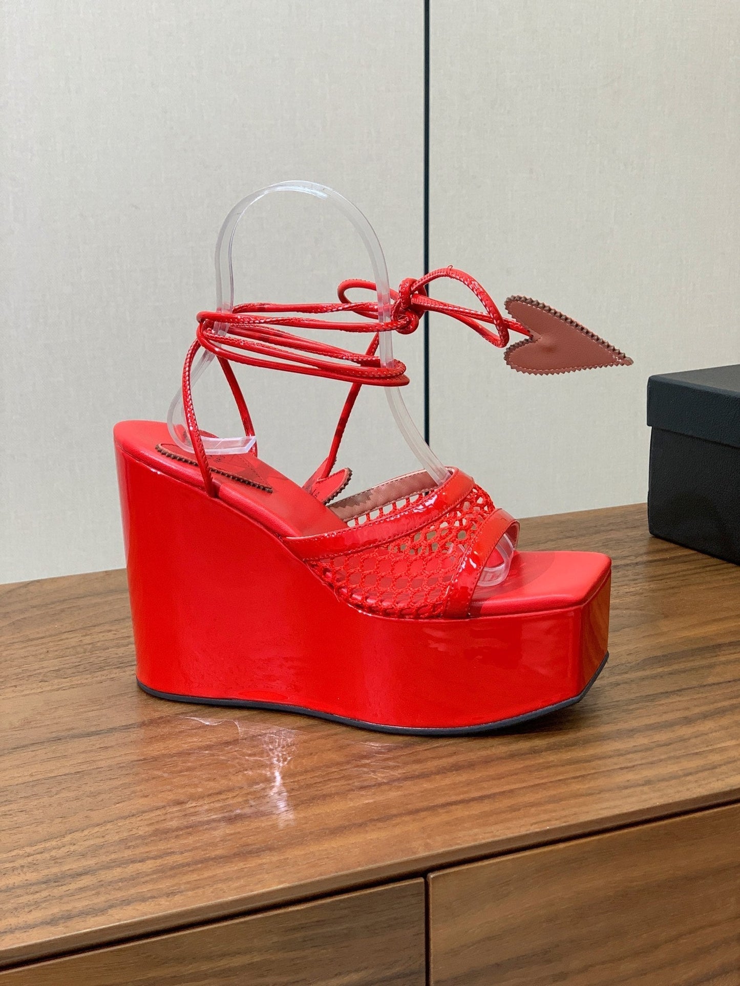ALAIA BANQUET WEDGE SANDALS IN CHERRY RED LAMBSKIN WITH RED HEART - 35