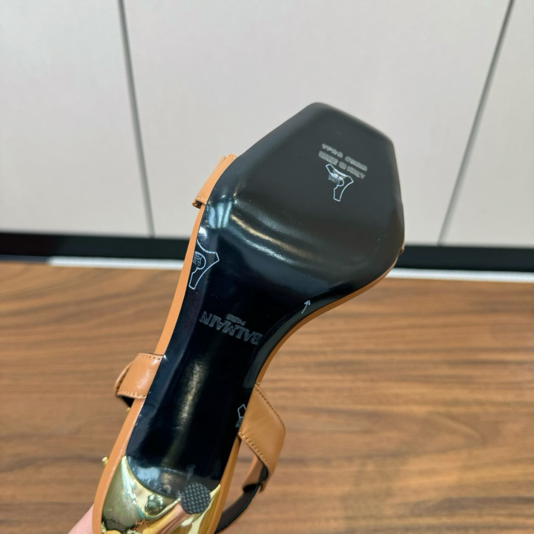 BALMAIN 25S HEELED EVA SANDALS 95MM IN BROWN AND PINK CALFSKIN - 36