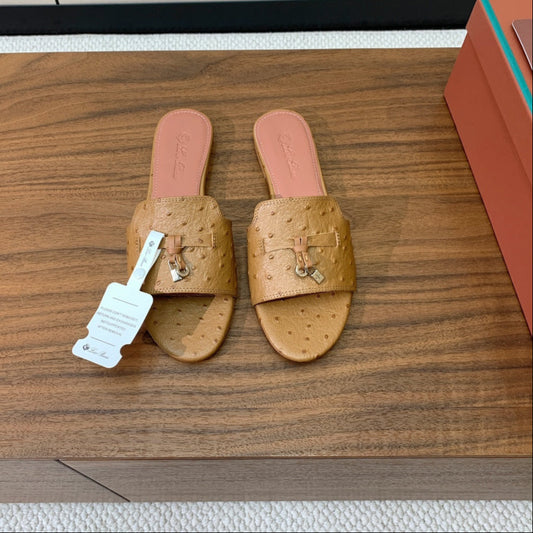 FLAT SLIPPERS IN LIGHT BROWN LAMBSKIN OSTRICH SKIN - 34