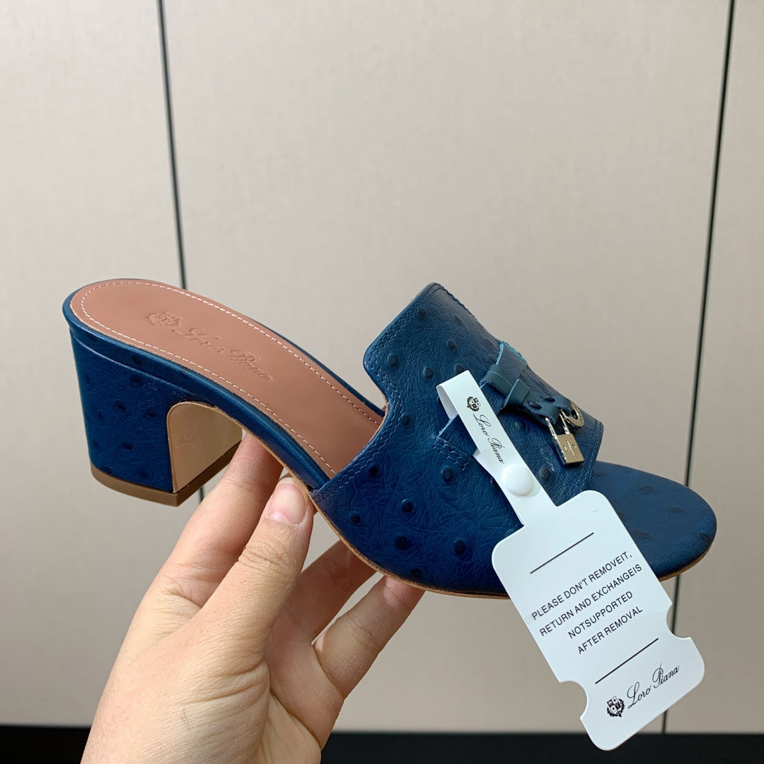 HIGH HEEL IN NAVY BLUE LAMBSKIN OSTRICH SKIN - 34