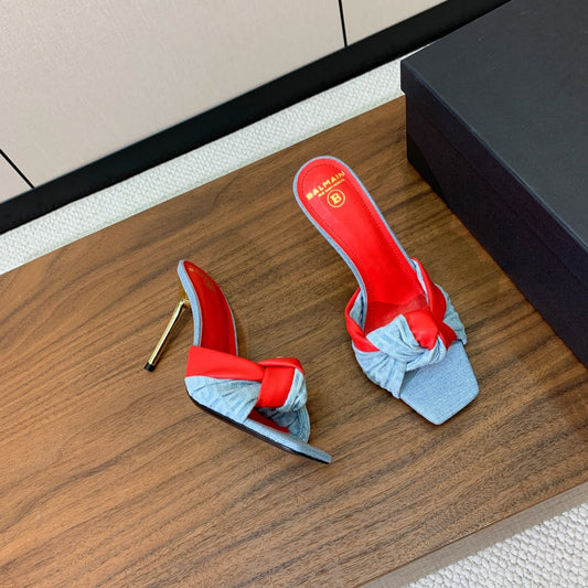 BALMAIN 25S HIGH HEEL MULES 95MM IN BRIGHT RED DENIM AND CALFSKIN - 36