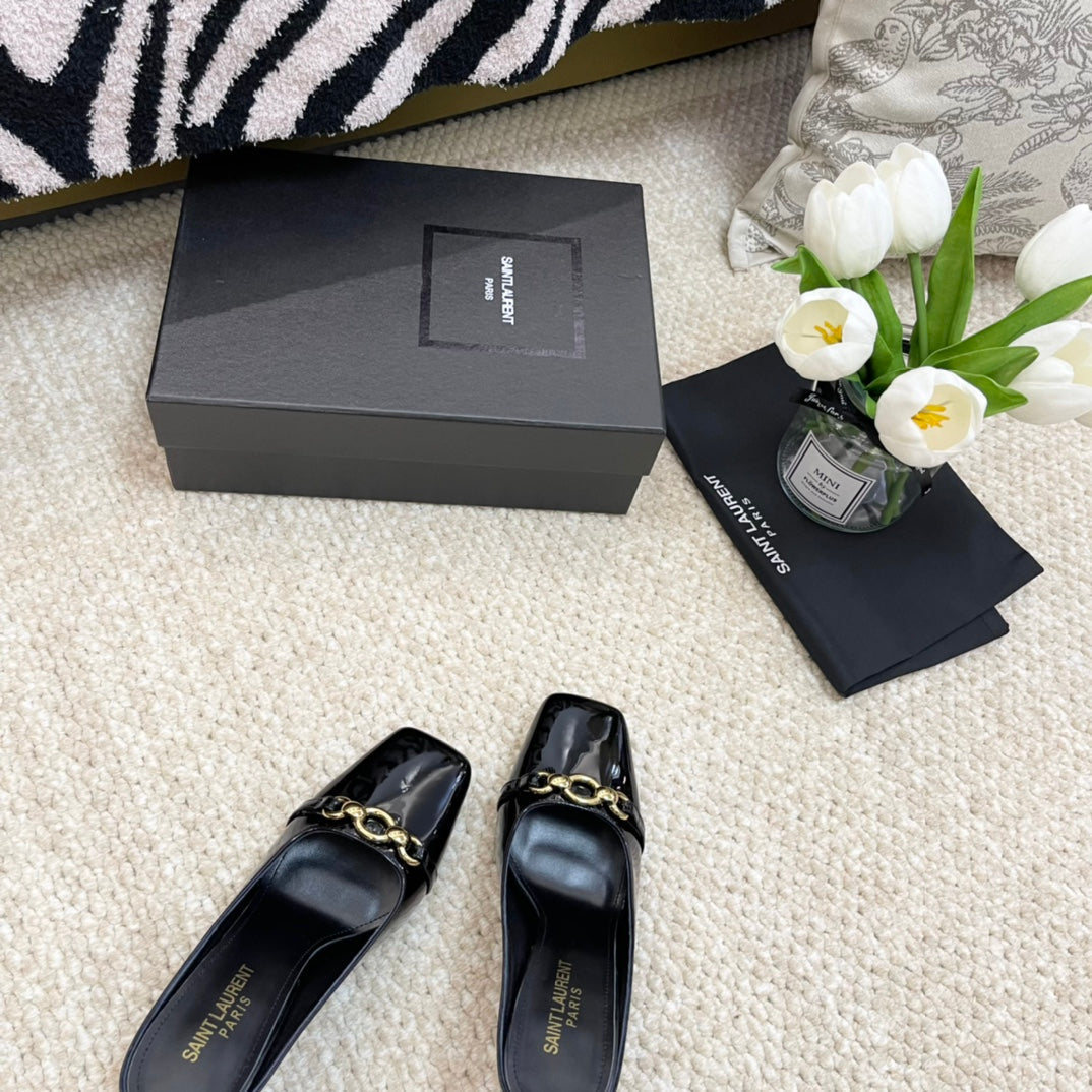 SL SQUARE TOE MULES BLACK CALFSKIN - 35