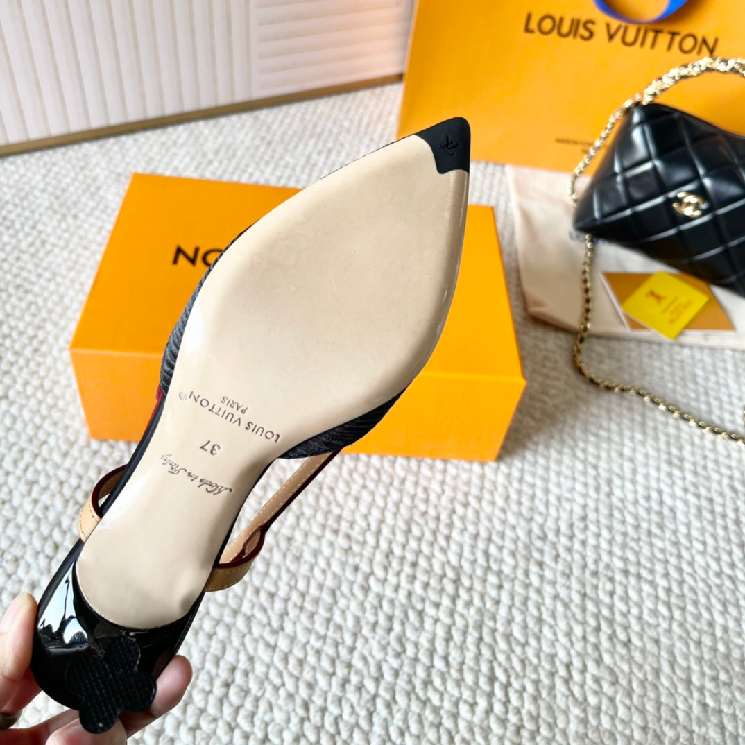 BLOSSOM PUMP SLINGBACKS 75 MM IN BLACK IMPORTED STRIPED SILK SATIN - 35
