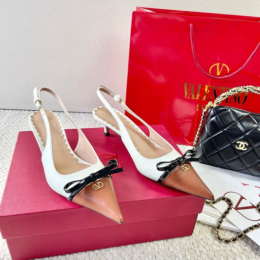 VLTN HIGH SLINGBACK 25S 40 MM IN WHITE MIX BROWN LAMBSKIN WITH BOW - 35