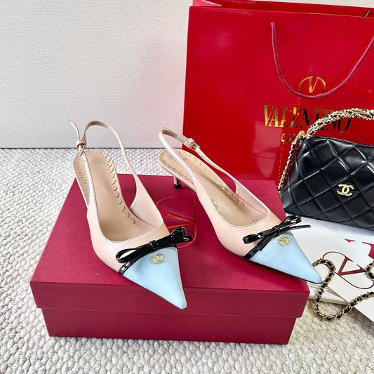 VLTN HIGH SLINGBACK 25S 40 MM IN SKY BLUE MIX NUDE LAMBSKIN WITH BOW - 35