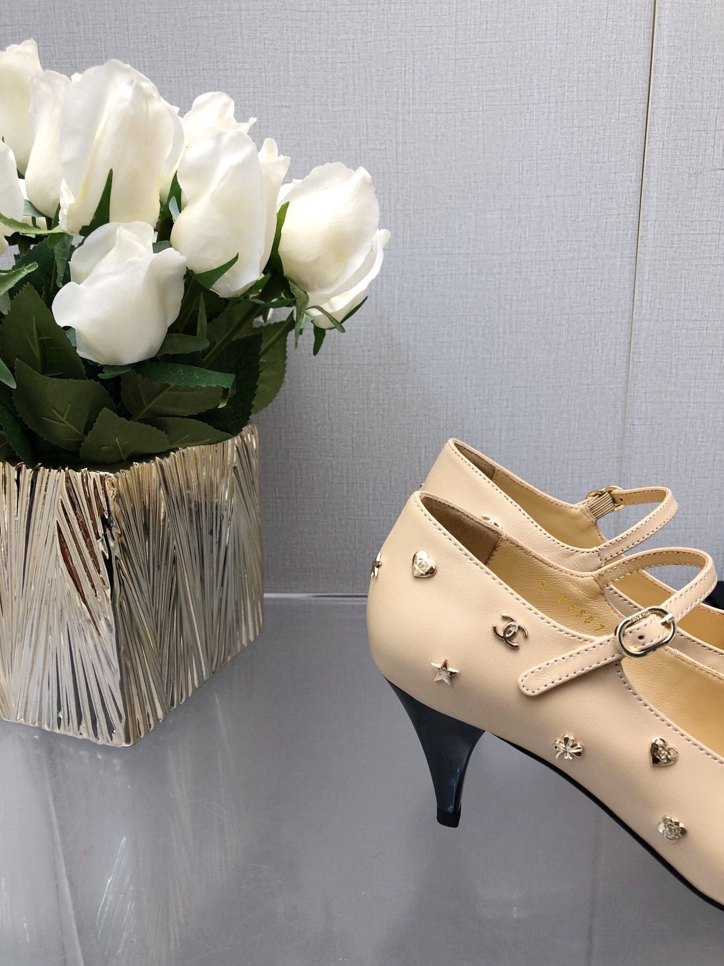 MARY JANE BEIGE CREAM MIX BLACK LAMBSKIN ATTACH METAL - 34