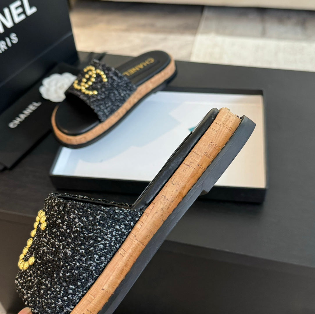 Double C Wood Grain Platform Slippers Black Wool - 35