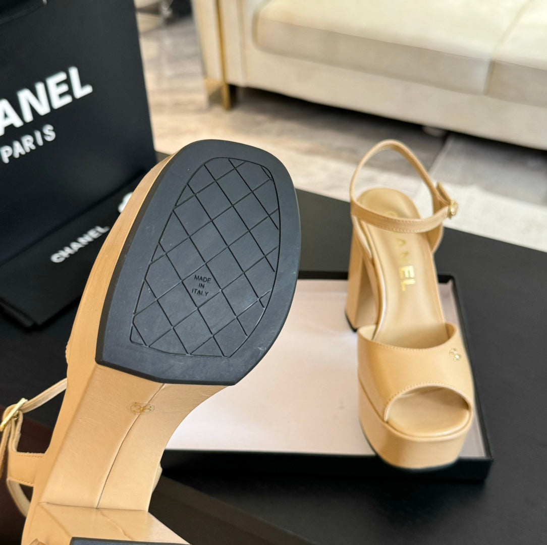 HIGH HEEL PLATFORM SANDALS IN SAND YELLOW CALFSKIN - 35