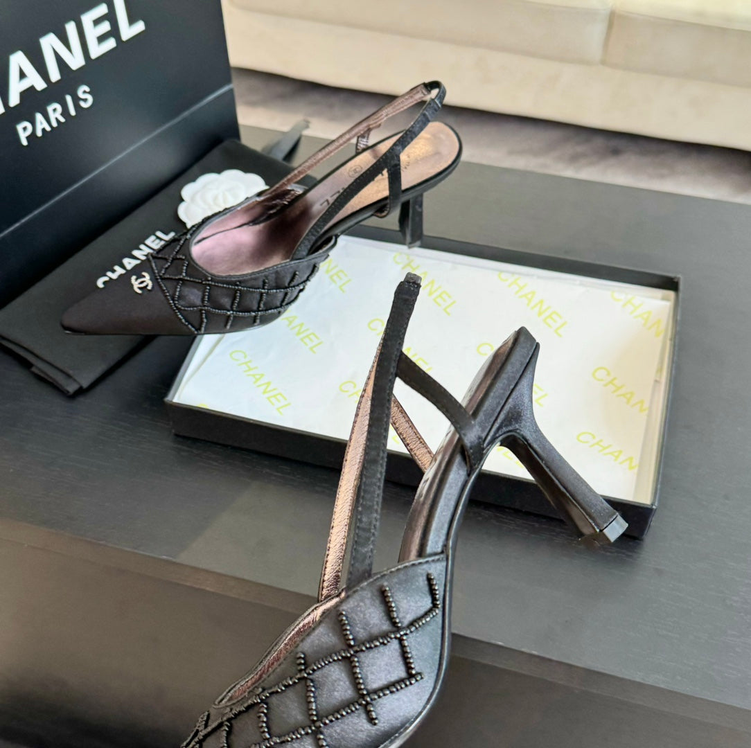 POINTED SLINGBACK MID HEELS BLACK LAMBSKIN - 35