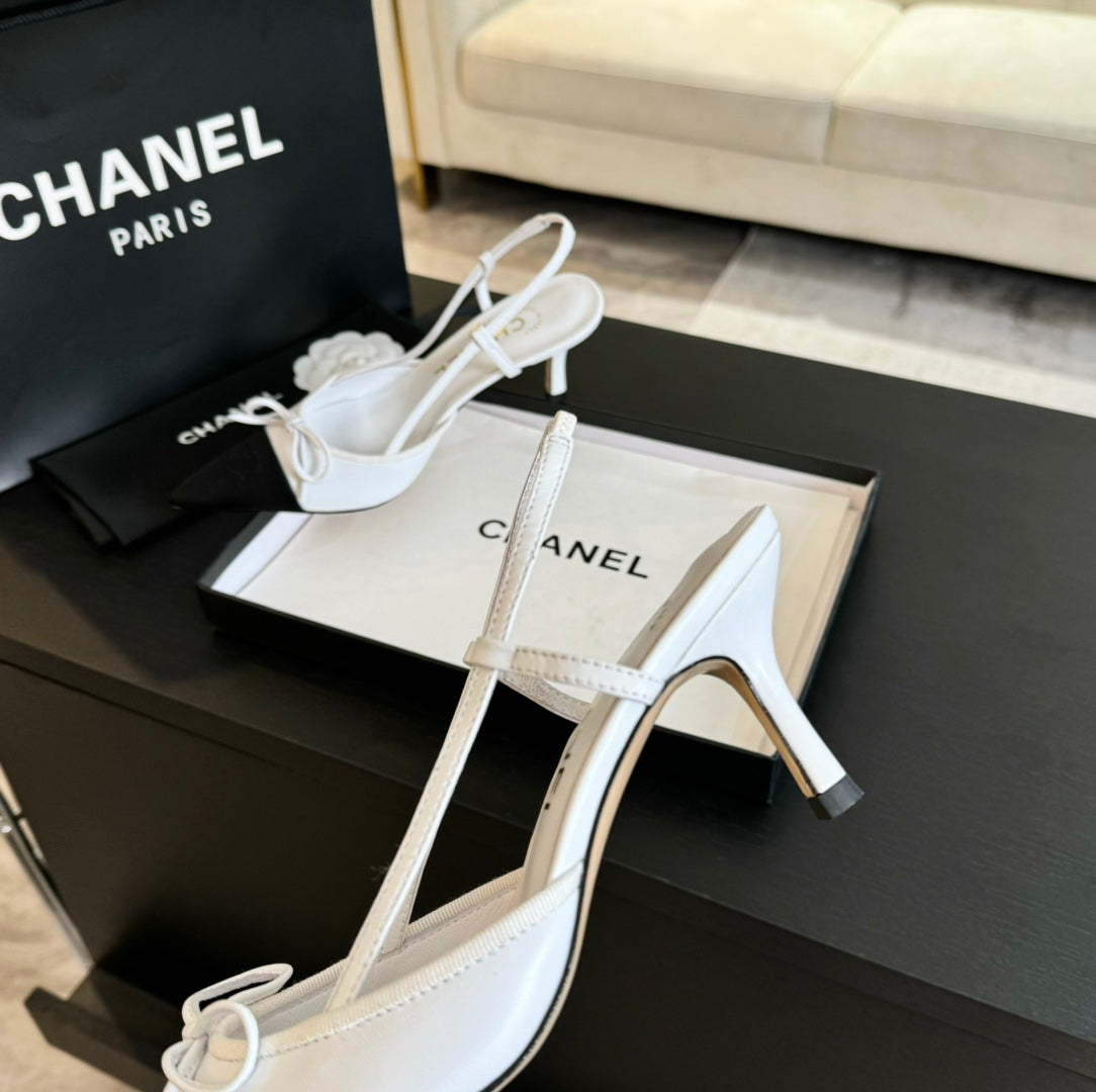 SLINGBACK WITH BOW IN WHITE MIX BLACK LAMBSKIN - 35