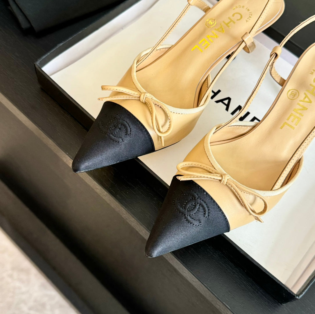 SLINGBACK WITH BOW IN BEIGE CREAM MIX BLACK LAMBSKIN - 35