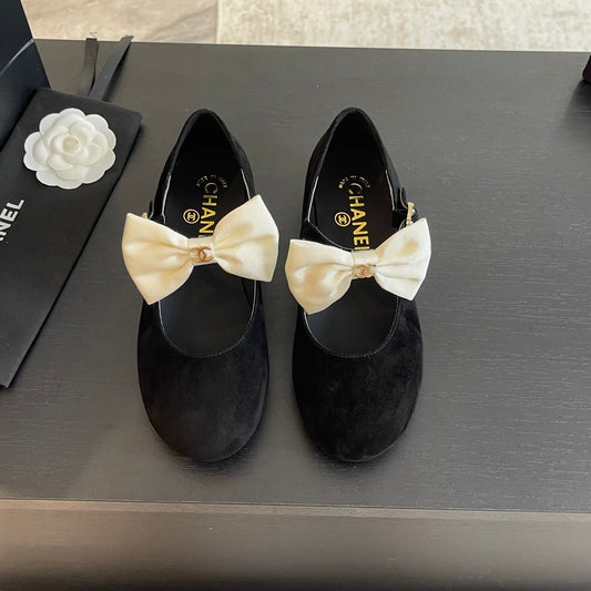 BALLET FLAT BLACK SUEDE LAMBSKIN WITH WHITE BOW - 35