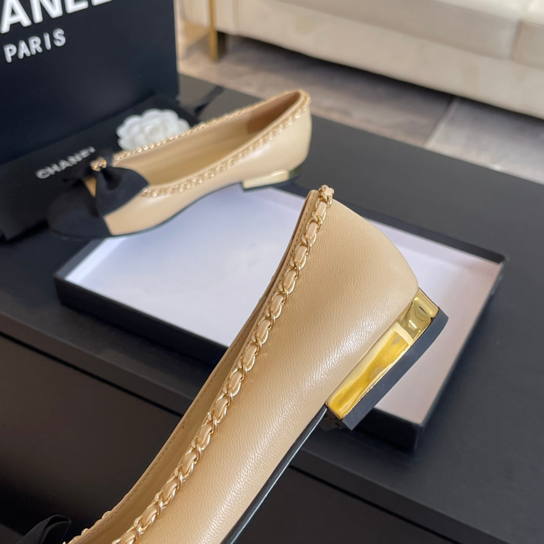 BALLET FLAT BEIGE CREAM CALFSKIN AND FABRIC - 35