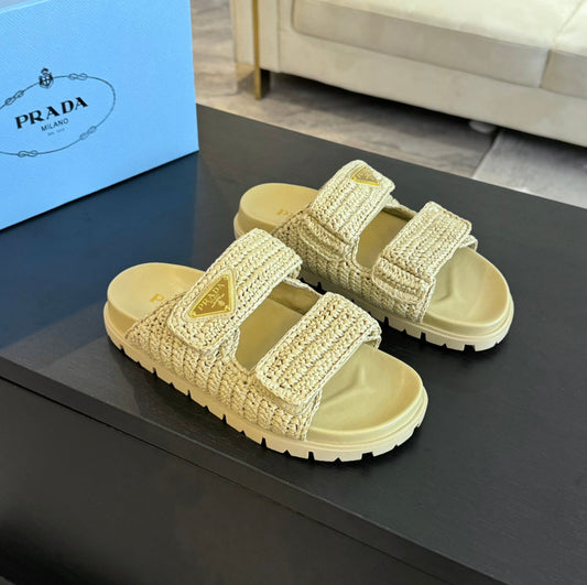 PRA RAFFIA CORK SLIDE PASTEL YELLOW CALFSKIN - 35