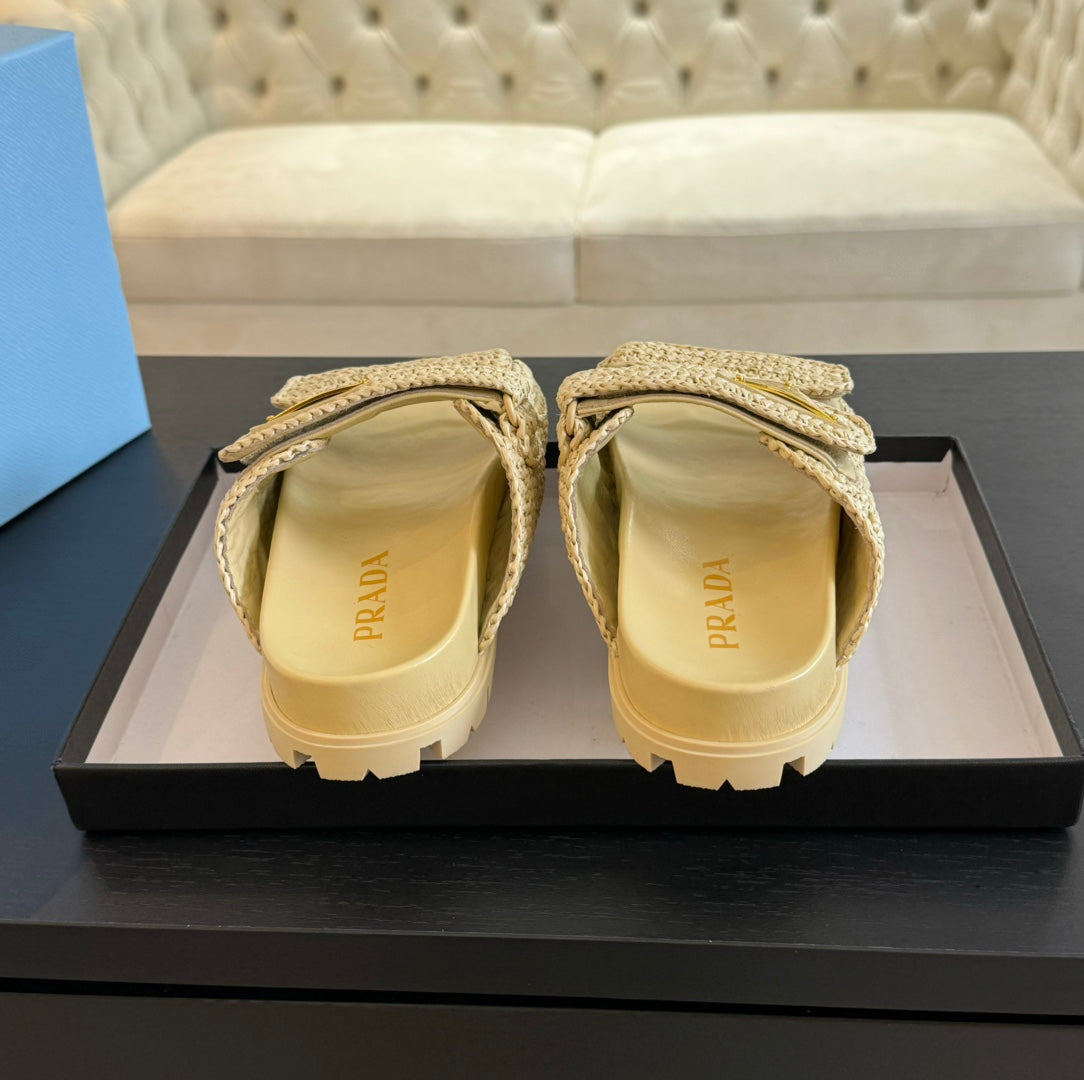 PRA RAFFIA CORK SLIDE PASTEL YELLOW CALFSKIN - 35