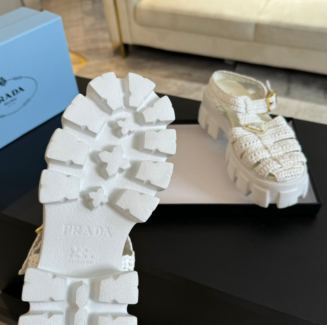 PRA MONOLITH CROCHET CAGE SANDALS WHITE LAMBSKIN - 35