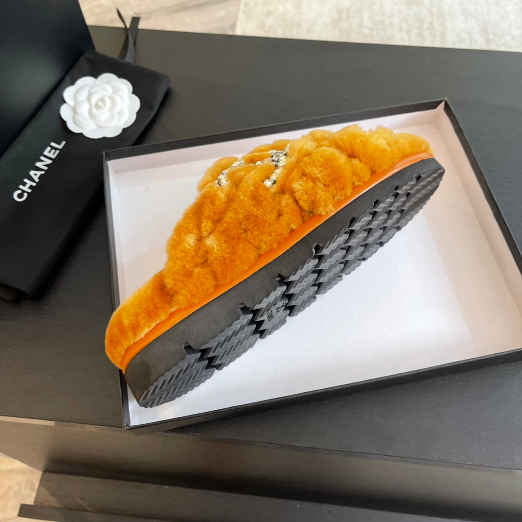 SAFETY ORANGE FUR CROSS STRAP SLIPPERS - 35