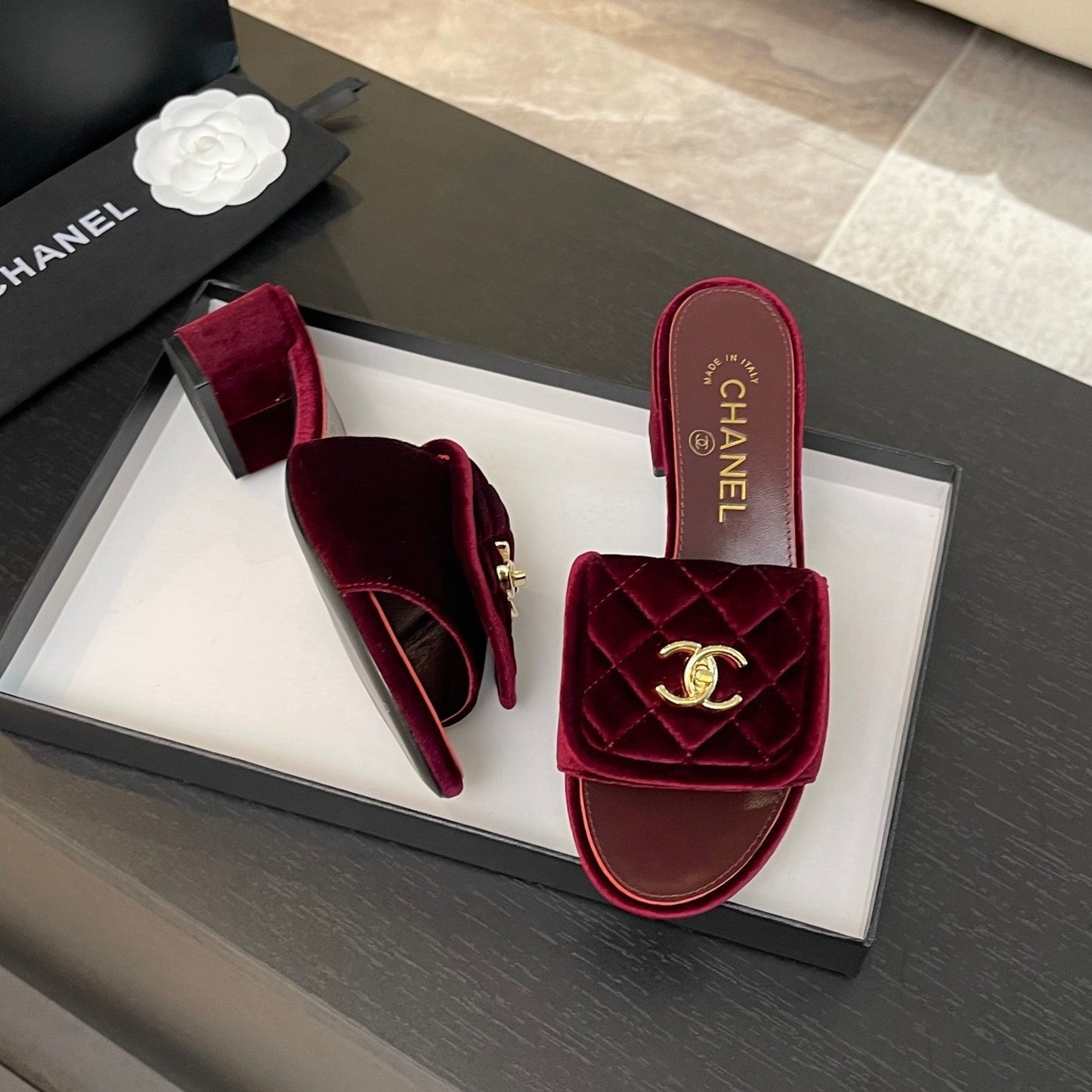 MID-HEEL 5 CM MULE IN BURGUNDY RED VELVET - 35