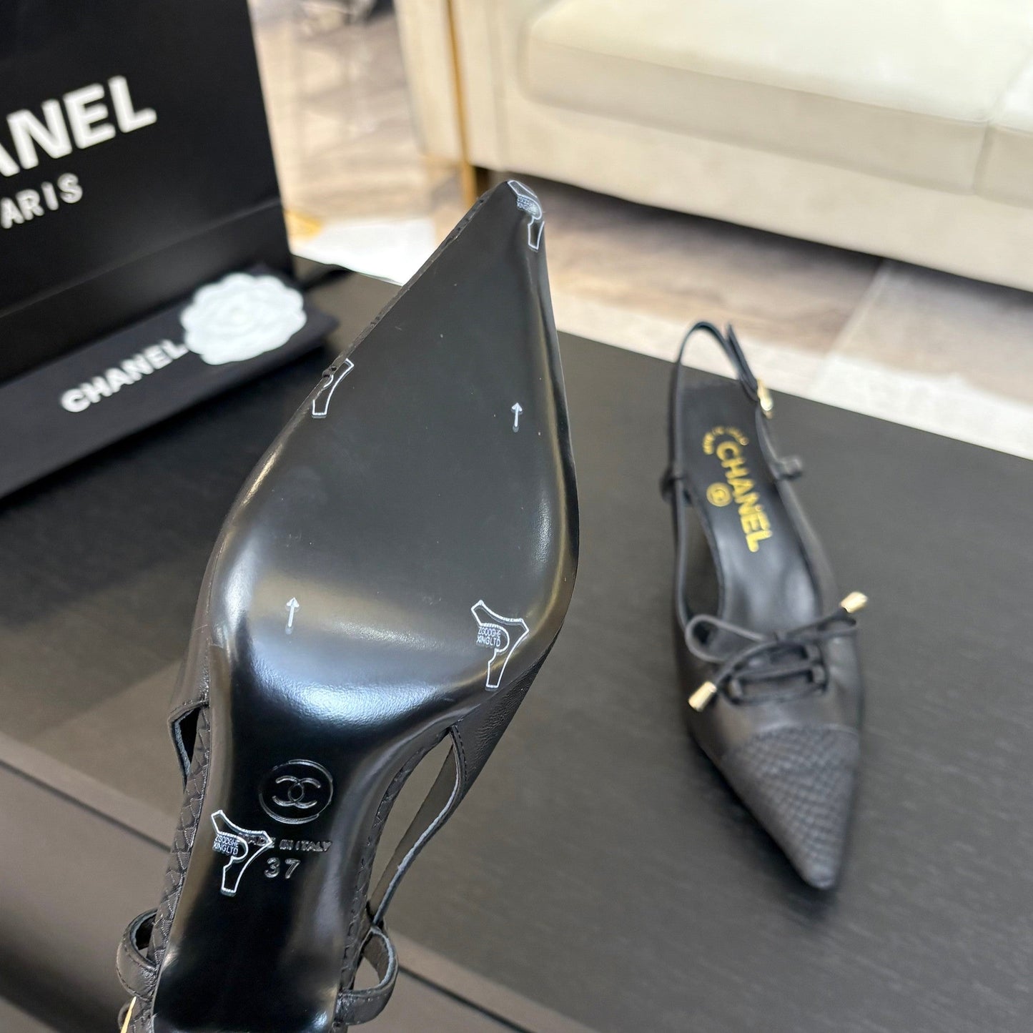 HIGH HEEL SLINGBACKS 65 MM IN BLACK WITH SNAKESKIN PATTERN LAMBSKIN - 35