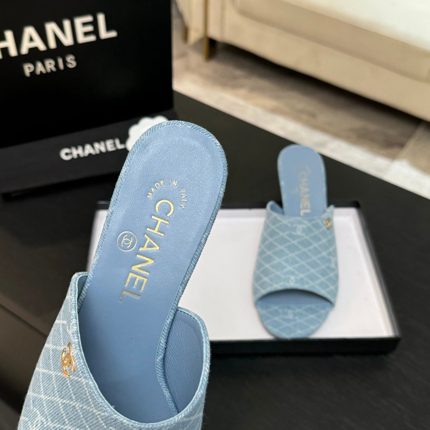 PEEP TOE MULE 55MM IN SKY BLUE DENIM CHECKERED AND LOGO - 35