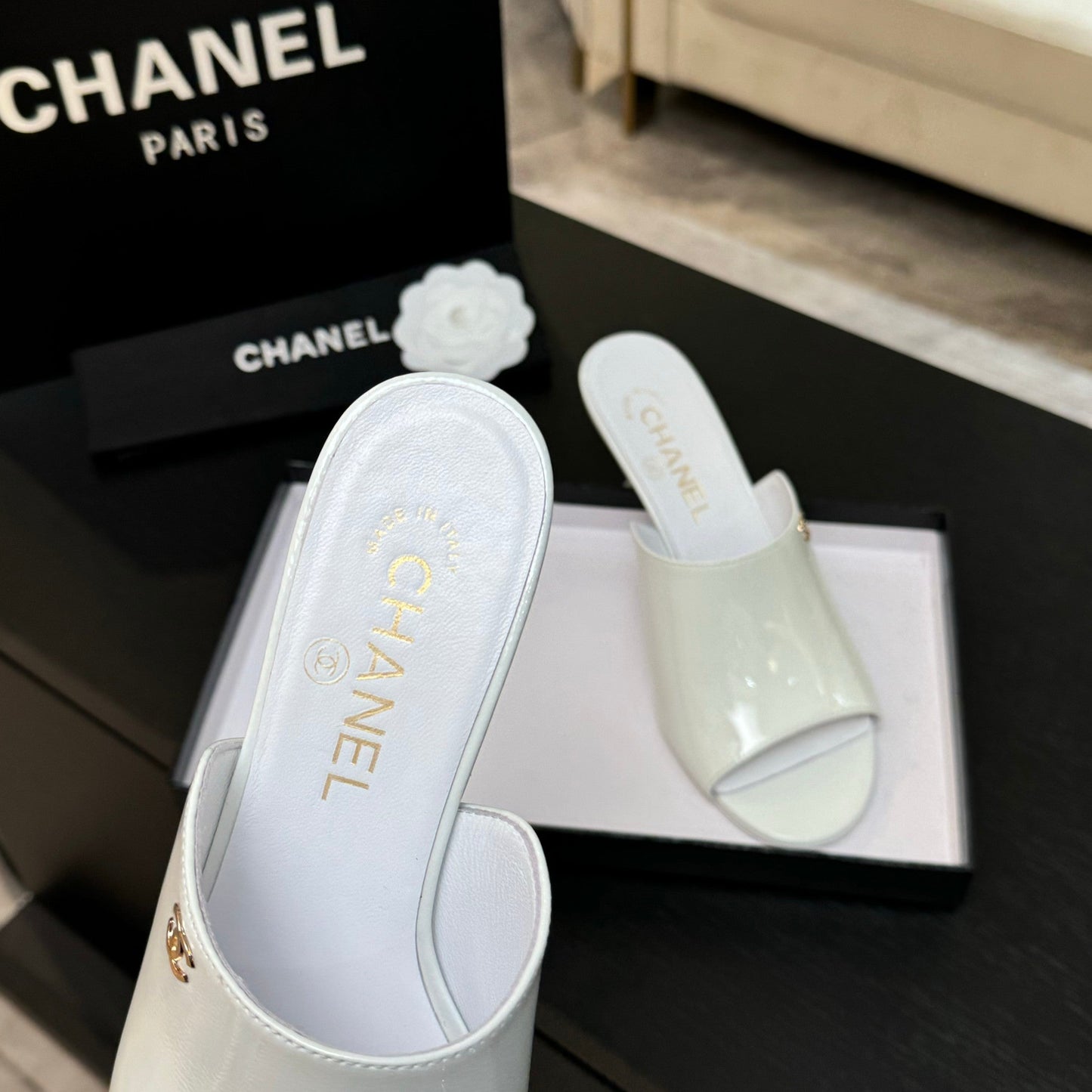 PEEP TOE MULE 85MM IN WHITE PATENT CALFSKIN - 35