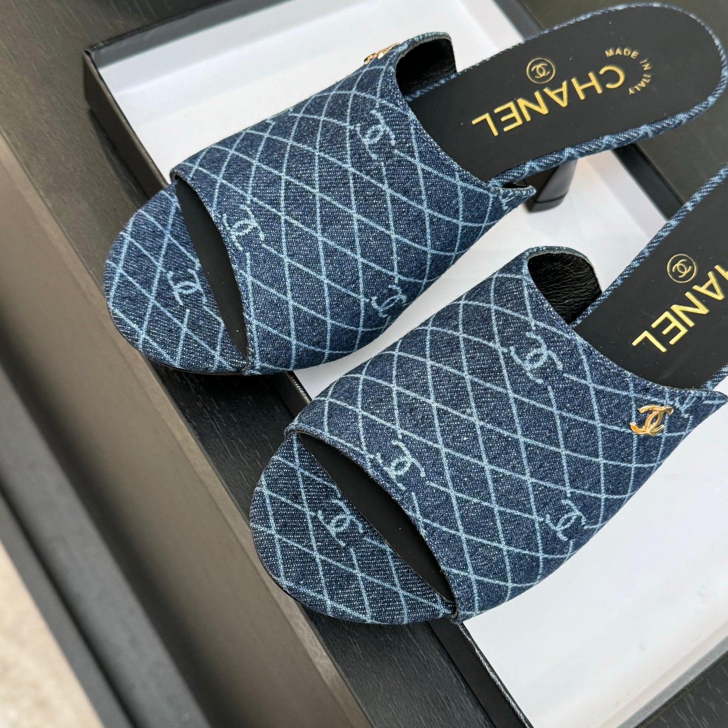 PEEP TOE MULE 85MM IN BLUE DENIM CHECKERED AND LOGO - 35