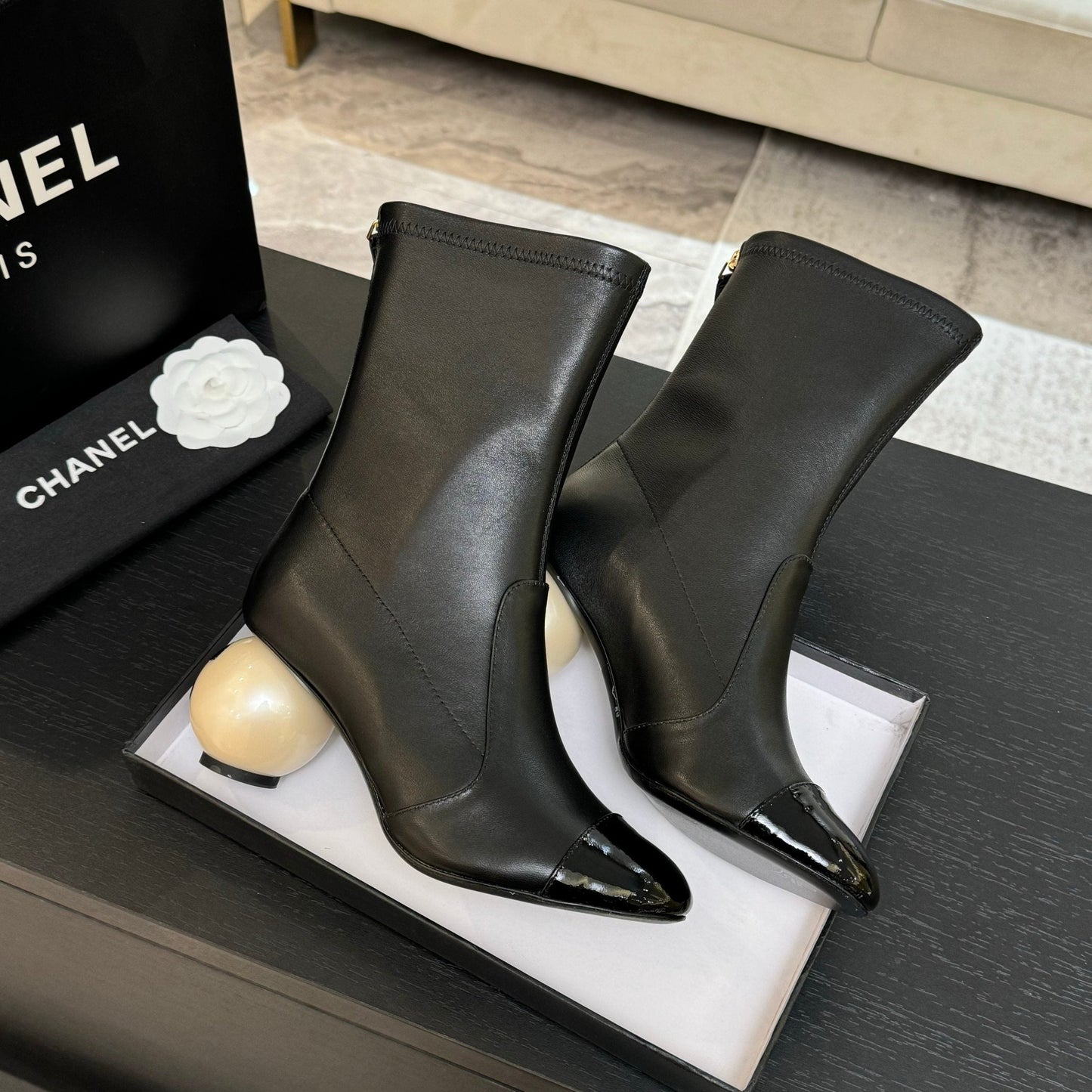 CC PEARL BOOTS 65MM IN BLACK CALFSKIN - 35