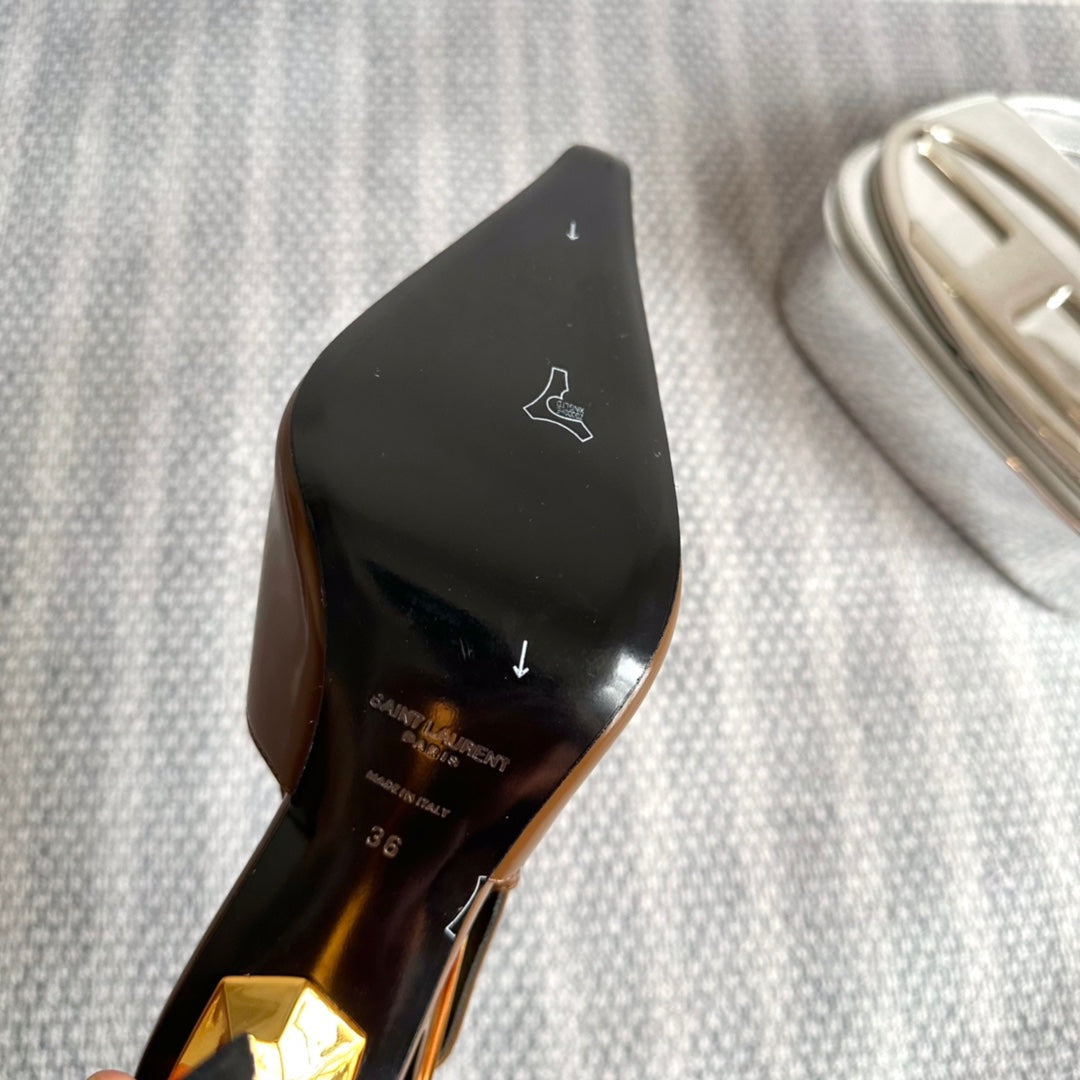 LEE SLINGBACK PUMPS 105 IN BROWN PATENT LEATHER GOLD HEEL - 35